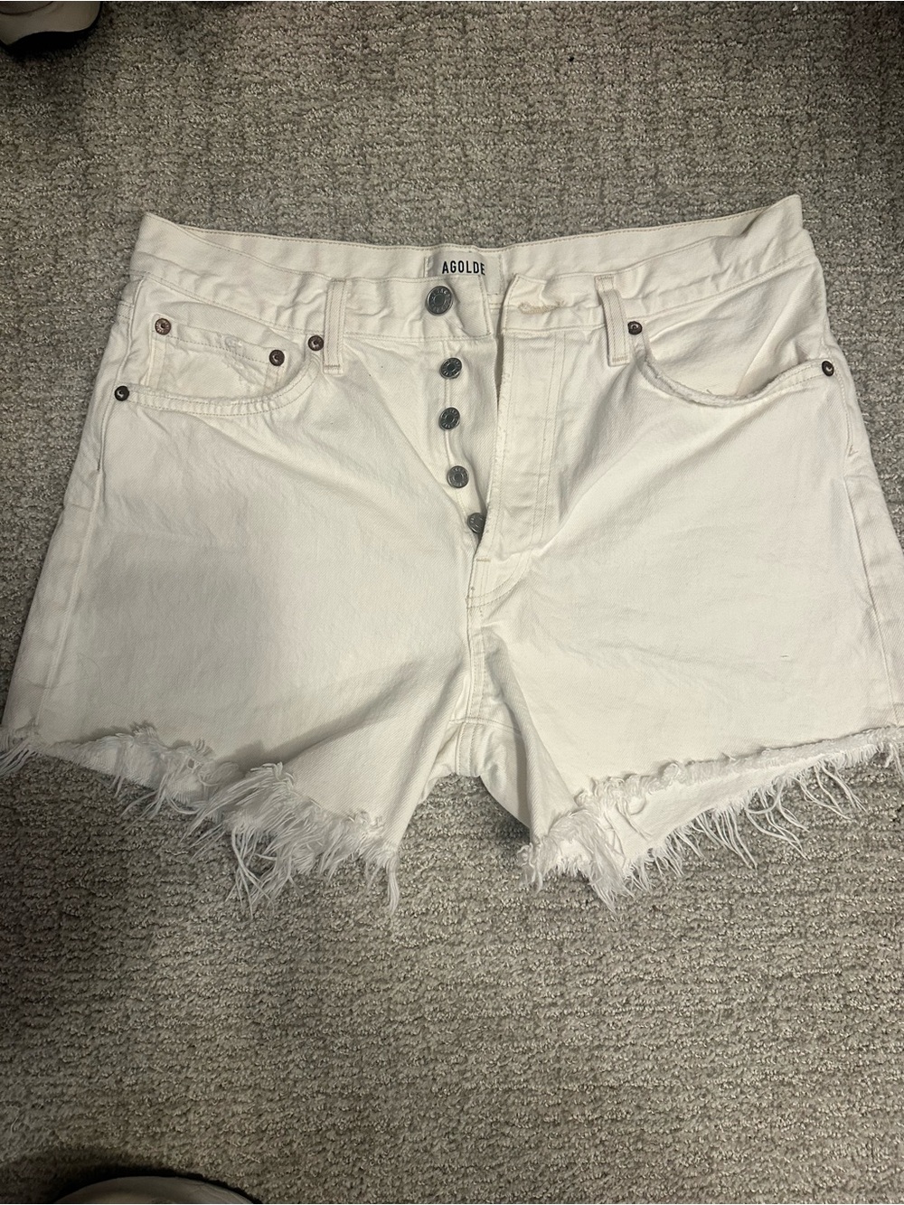Agolde White High Waist Distressed Denim Shorts